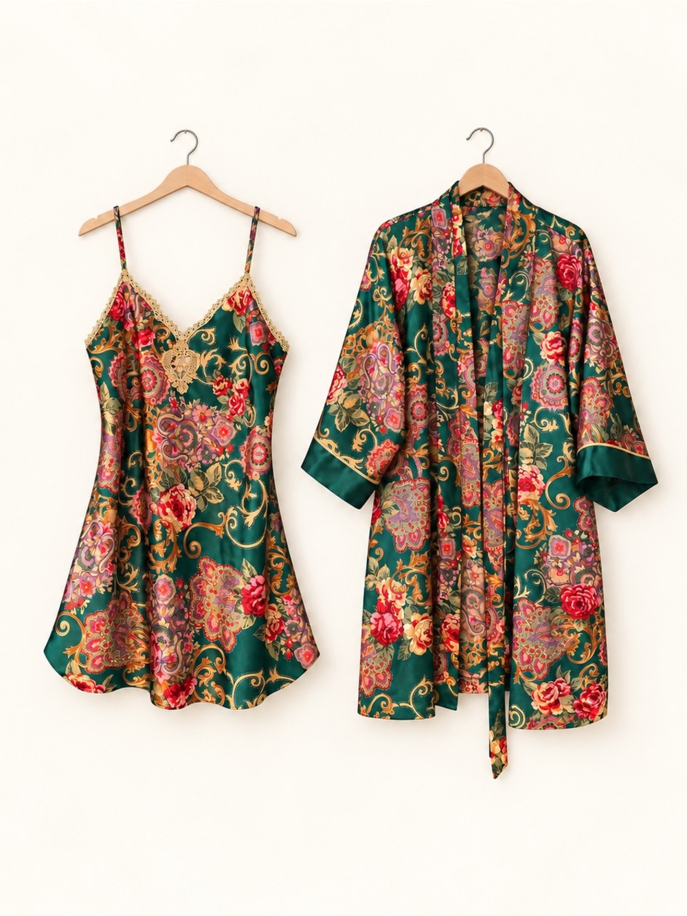 California Dynasty Floral Paisley Satin Chemise & Robe Set Medium
